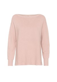 Ljust rosa, ribbat stickat tröja med bred halsringning, sänkta axlar och sidofack. Mjuk textur och lös passform.
