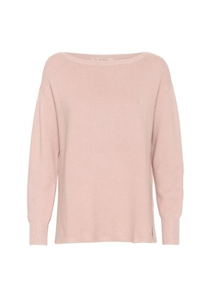 Pulover tricotat cu carouri de culoare roz deschis, cu gât lărgit, mâneci căzute și slituri laterale. Textură moale și croială lejeră.