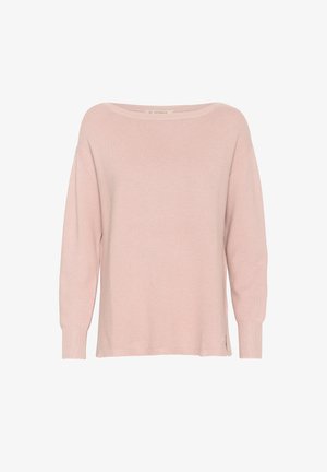 Light pink, ribbed knit sweater with a wide neckline, drop shoulder sleeves, and side slits. Soft texture and loose fit.