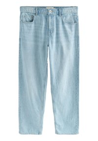 Jeans in denim azzurro chiaro con vestibilità comoda, dotati di cinque tasche, chiusura con bottoni e leggero scolorimento. Taglio dritto con orlo leggermente sfilacciato.