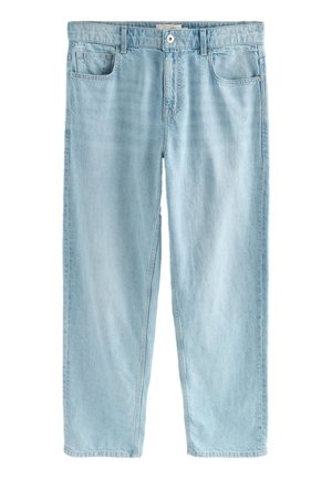 Svetlo modre kavbojke iz jeansa z udobno prileganjem, s petimi žepi, z zadrgo na gumbe in nežnim bledenjem. Ravnega kroja z rahlo počešanim robom.