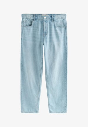 Svetlo modre kavbojke iz jeansa z udobno prileganjem, s petimi žepi, z zadrgo na gumbe in nežnim bledenjem. Ravnega kroja z rahlo počešanim robom.