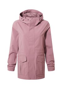Pink hooded rain jacket with front flap pockets and snap button closures, long sleeves, and adjustable hood drawstrings.
