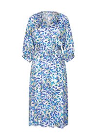 Robe midi à imprimé floral bleu, blanc et jaune, col en V, manches trois-quarts bouffantes, boutonnée devant et ceinture en tissu assorti à la taille.