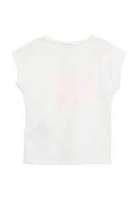 Witte katoenen t-shirt met korte, brede mouwen en een ronde halslijn. Zachte textuur, eenvoudig ontwerp en een relaxte pasvorm. Achteraanzicht is weergegeven.