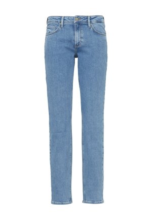 Heledad sinine denimist teksapüksid otse lõikega, viie tasku ja nööbiklõpsuga, valmistatud pehmest, tekstuurilisest kangast.