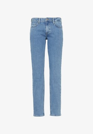 Heledad sinine denimist teksapüksid otse lõikega, viie tasku ja nööbiklõpsuga, valmistatud pehmest, tekstuurilisest kangast.