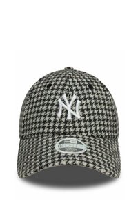 Casquette à motif pied-de-poule gris et noir avec un logo brodé blanc. Elle présente une visière incurvée et une sangle ajustable.