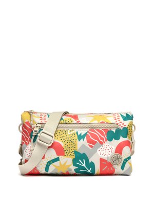 Borsa a tracolla con tracolla beige regolabile, motivo floreale astratto multicolore, tasca frontale con cerniera e spilla tonda in metallo con logo "Green Gang".