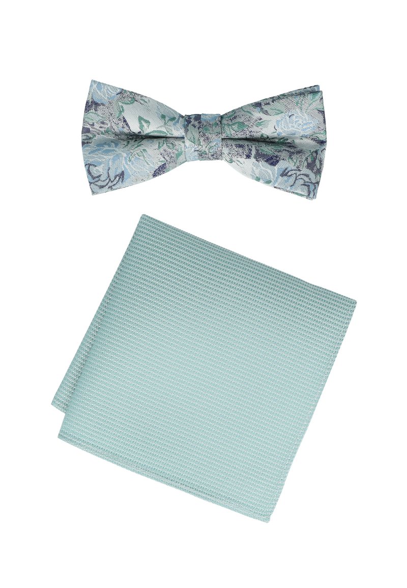 Fliederfarbener Fliegen mit floralem Muster in hellblauen und grünen Tönen, kombiniert mit einem einfarbigen mintgrünen Taschenquadrate, das eine strukturierte Oberfläche aufweist.