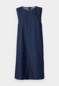 Φόρεμα από τζιν χωρίς μανίκια σε σκούρο μπλε, με στρογγυλή λαιμόκοψη και κεντρική ραφή με αντίθετο ράψιμο, σε χαλαρή εφαρμογή και μήκος μέχρι το γόνατο.