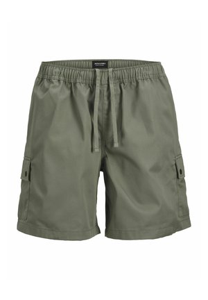 Olive green shorts with an elastic waistband and adjustable drawstring. Features two side cargo pockets with snap buttons. Smooth fabric texture.