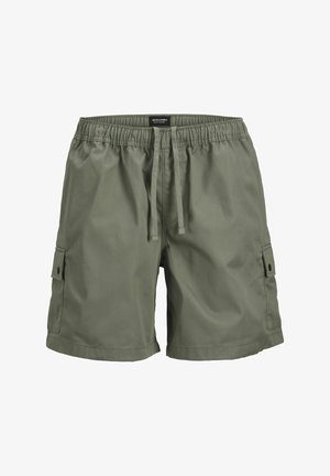 Olive roheline lühike püksid elastse vöökoha ja reguleeritava tõmbluku külge. Omab kahte külgpaneeli taskut, millel on nööbid. Sile kangastekstuuri.