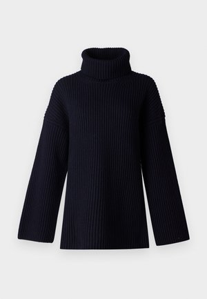 Dunkelblauer Rollkragensweater mit geripptem Material, weiten Ärmeln und lockerer Passform. Weiches Material und minimalistisches Design.