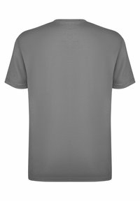 Harmaa lyhythihainen T-paita, jossa on pyöreä kaula-aukko. Valmistettu pehmeästä materiaalista, jossa on sileä pinta ja normaalimitoitus ilman printtejä tai kuvioita.