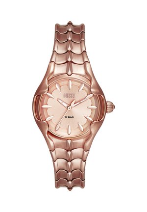Zegarek na rękę Diesel w kolorze różowego złota z metalową, łączoną bransoletą, okrągłą tarczą, minimalistycznymi indeksami godzin oraz trzema wskazówkami pokazującymi czas 1:10:35.