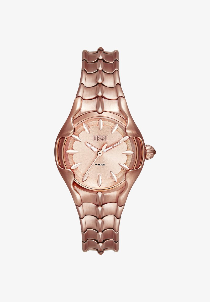 Roségoldene Diesel-Armbanduhr mit verbundenem Metallband, rundem Zifferblatt, minimalistischen Stundenmarkierungen und drei Zeigern, die 1:10:35 anzeigen.