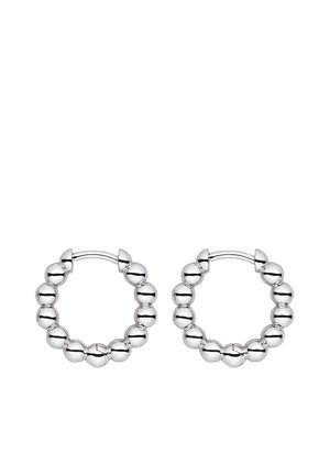 Pair of silver hoop earrings made of connected rounded beads with a smooth, polished finish on a white background.