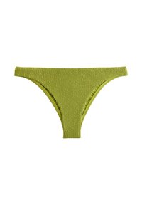 Braguita de bikini verde con costuras acanaladas que presenta un diseño de tiro bajo con lados anchos y acabado texturizado, adecuada para usar en la playa o la piscina.
