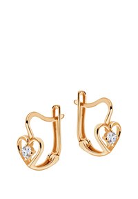Złote kolczyki w kształcie obręczy z sercem, zdobione przezroczystym kamieniem szlachetnym. Gładkie wykończenie z polerowaną teksturą, bezpieczne zapięcie na zawias.