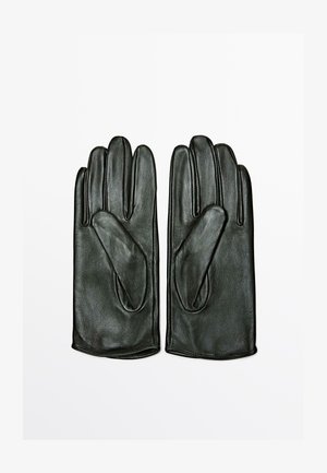 Schwarze Lederhandschuhe mit glatter Textur, die ein tailliertes Design mit fünf Fingerabdeckungen und ohne sichtbare Beschläge oder Verzierungen aufweisen.