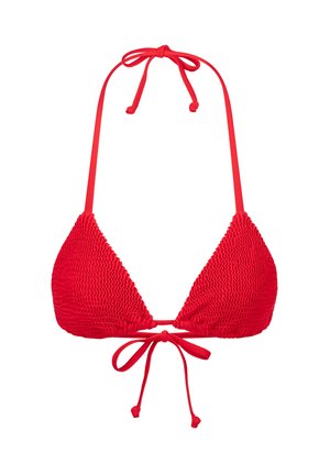Haut de bikini rouge en tissu texturé, avec des bonnets triangulaires, des lanières à nouer autour du cou et dans le dos, et une bande centrale lisse.