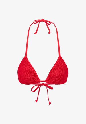 Roter Bikini-Oberteil aus strukturiertem Stoff, mit dreieckigen Cups, Bindebändern am Hals und Rücken sowie einem glatten Mittelband.