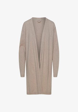 Beżowy kardigan o luźnym kroju i otwartym przodzie. Posiada długie rękawy i prążkowane wykończenia, wykonany z miękkiego, lekkiego materiału.