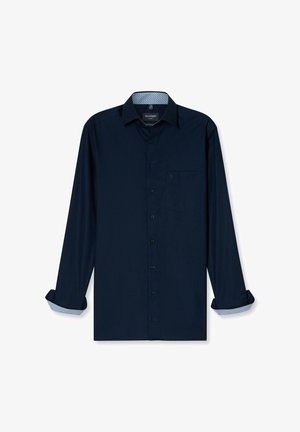 Camicetta blu navy a maniche lunghe in tessuto morbido, con bottoni frontali, tasca sul petto e fodera dei polsini a motivo.