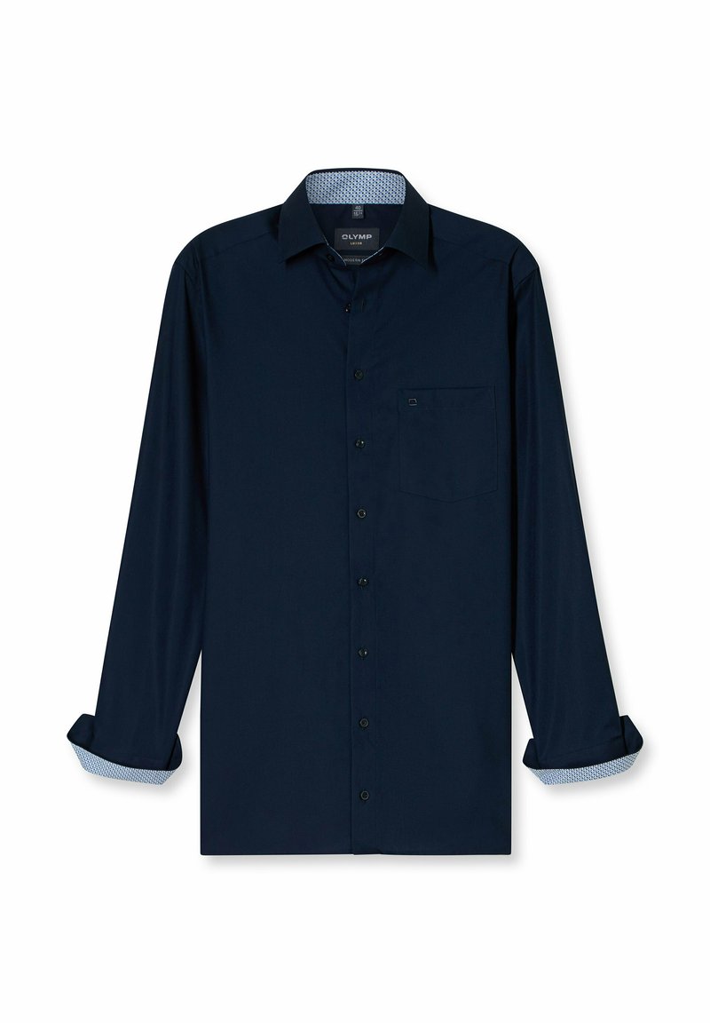 Donkerblauwe langemouwen shirt van gladde stof, met een knoopsluiting aan de voorkant, een enkele borstzak en een gemusterde voering van de manchetten.