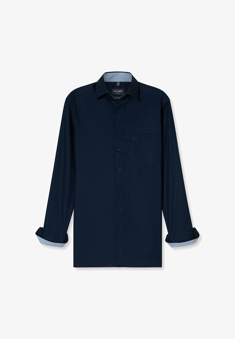 Donkerblauwe langemouwen shirt van gladde stof, met een knoopsluiting aan de voorkant, een enkele borstzak en een gemusterde voering van de manchetten.