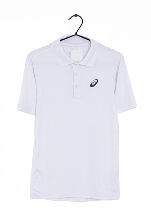 White short-sleeve polo shirt with collar and buttons, featuring a small black Asics logo on the left chest, hanging on a black hanger.