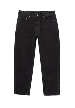 Jean en denim noir à taille haute, coupe droite, avec fermeture à bouton à l'avant, zip, passants de ceinture et conception à cinq poches.