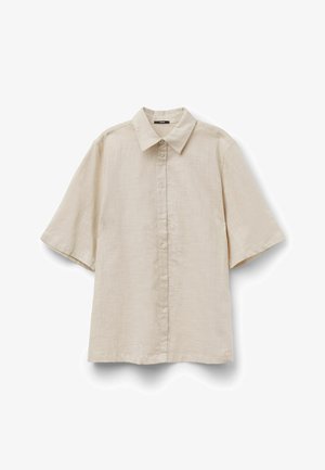 Beige overhemd met korte mouwen, knoopsluiting, klassieke kraag en een los, licht gestructureerd stof.