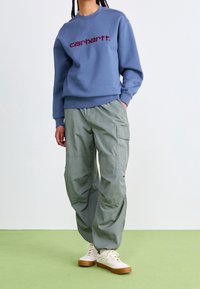Sudadera azul con el logo "carhartt" en rojo, pantalones cargo verdes y zapatillas blancas con suelas marrones sobre un suelo verde. Ajuste y diseño casual.