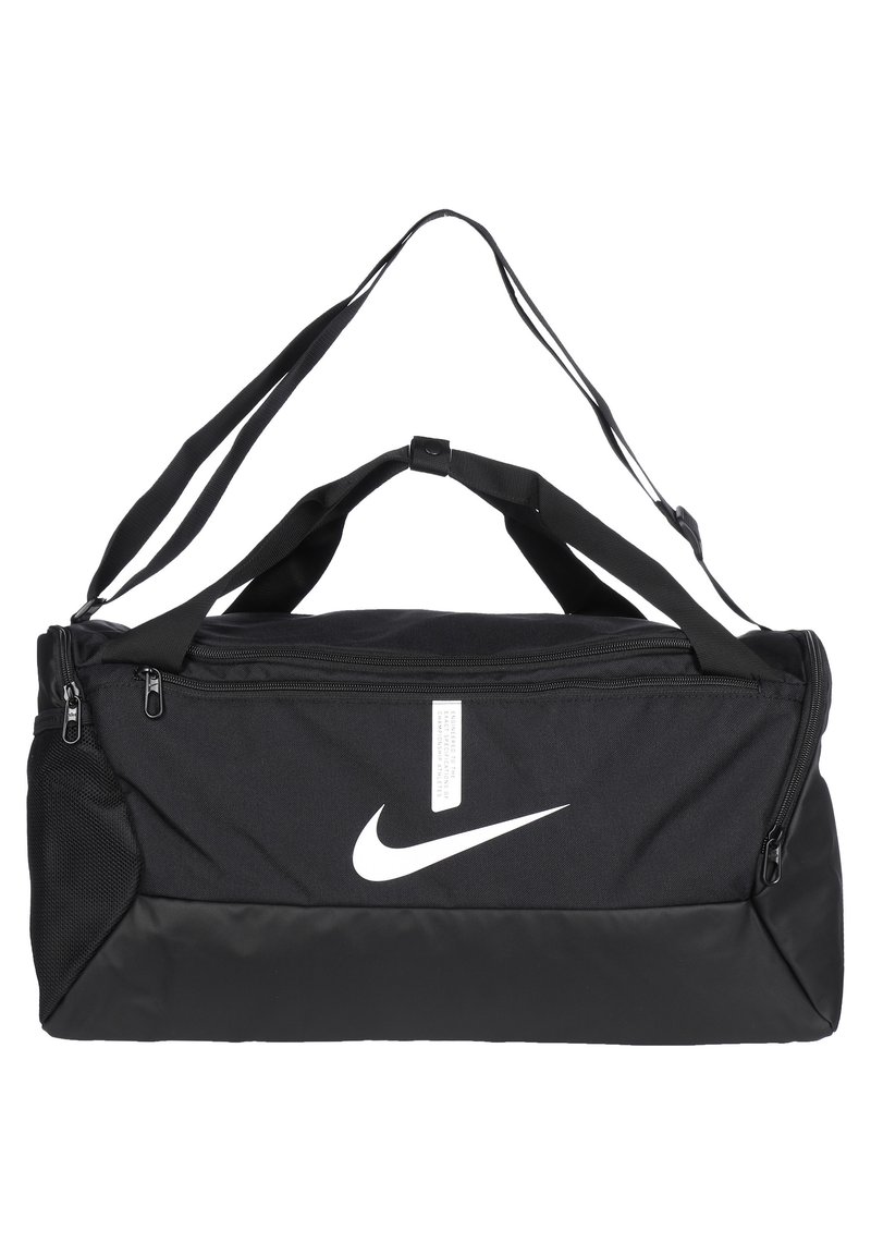 Black Nike duffel bag with a zippered top. Features a prominent white logo, dual carry handles, and adjustable shoulder strap. Textured fabric.