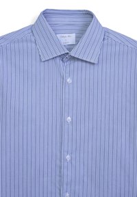 Blau-weiß gestreiftes Slim-Fit-Hemd mit Button-Down-Kragen und weißen Knöpfen entlang der vorderen Leiste. Glattes Baumwollmaterial.