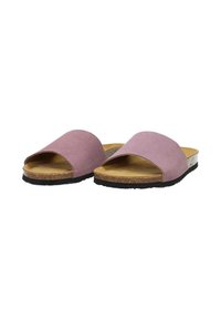 Pink suede slide sandals with an open toe design, cork footbed, and black rubber sole. Features a wide strap covering the top.