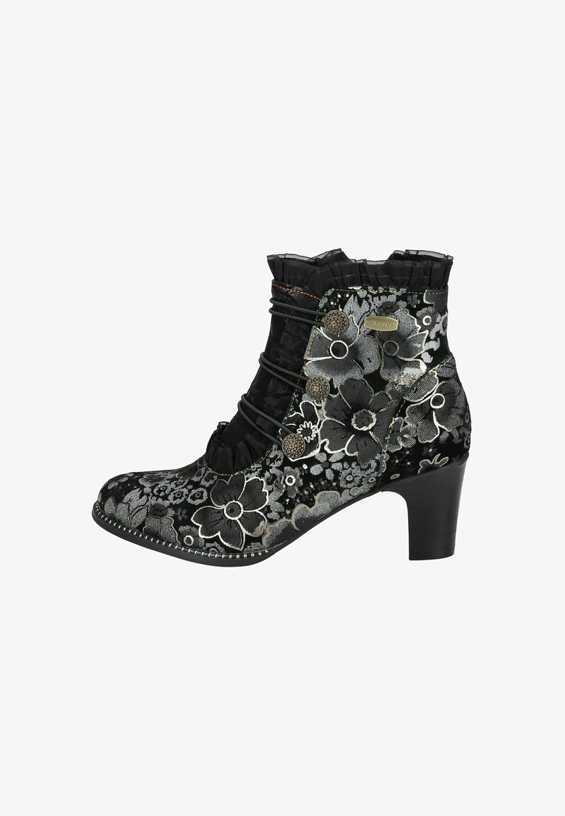 Stivaletti neri alla caviglia con motivo floreale, superficie testurizzata e bordo arricciato. Presentano dettagli metallici e un tacco affusolato.