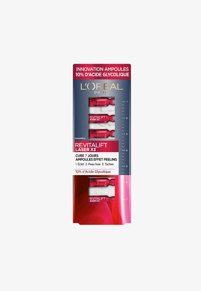 Emballage du produit Revitalift Laser X3 mettant en avant trois ampoules rouges, avec une texture brillante et des détails en blanc. Contient 10 % d'acide glycolique.