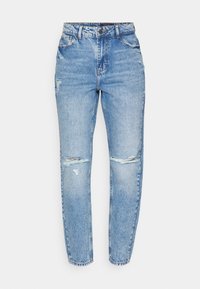 Ljusblå denimjeans med hög midja, rak benstil, slitningar vid knäna och en klassisk femfickorsdesign.