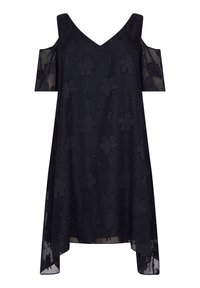 Svart kall-axelklänning med V-ringning, blommönster och flödande fåll. Tillverkad av lätt, genomskinligt material för en lagerliknande look.