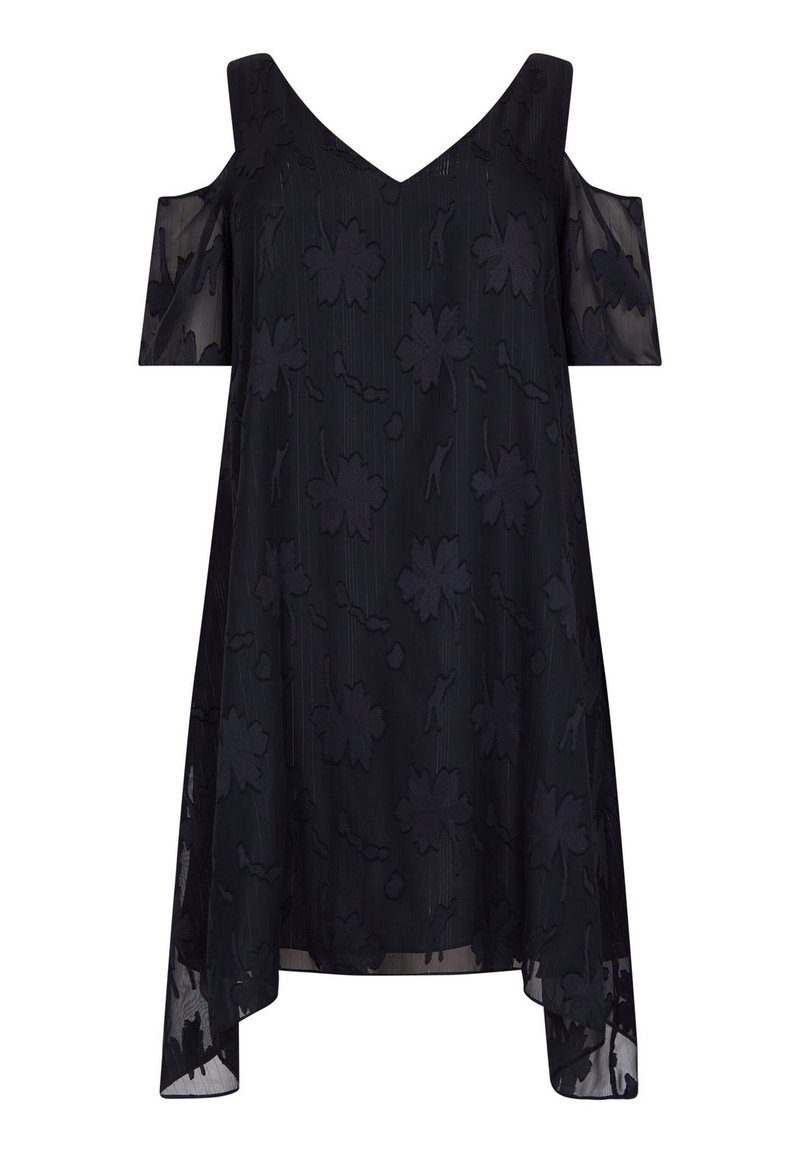 Svart kall-axelklänning med V-ringning, blommönster och flödande fåll. Tillverkad av lätt, genomskinligt material för en lagerliknande look.