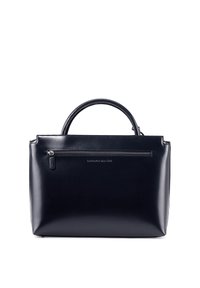 Schwarze Lederhandtasche mit strukturiertem Design, abgerundeten Griffen und einer Fronttasche mit Reißverschluss. Verfügt über ein dezentes, geprägtes Markenlabel.