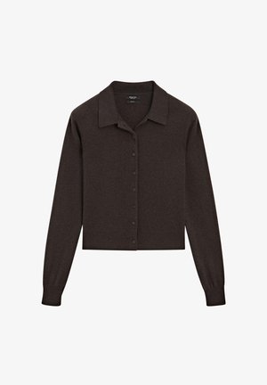 Brown button-up cardigan made of soft knit material, featuring a collared neckline and long sleeves. Smooth texture with a cropped fit.