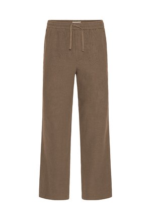 Pantaloni marroni a gamba larga con vita elasticizzata e chiusura con coulisse, realizzati in tessuto leggero.