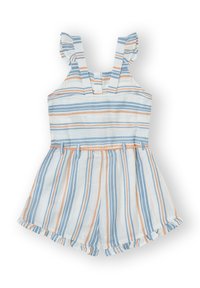 Mono a rayas con tirantes con volantes, que presenta colores azul, naranja y blanco. Tela ligera con cintura ceñida y dobladillo con volantes.