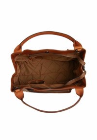 Braune Lederhandtasche mit doppelten Griffen, offener Oberseite mit Reißverschluss und beigem Innenfutter aus Stoff mit mehreren Taschen.