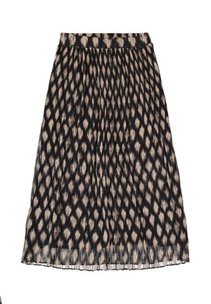 Falda midi plisada negra con manchas irregulares ovaladas beige que crean un patrón de leopardo y una cinturilla ajustada.