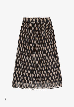 Jupe midi plissée noire avec des taches ovales irrégulières beiges créant un motif léopard et une taille ajustée.
